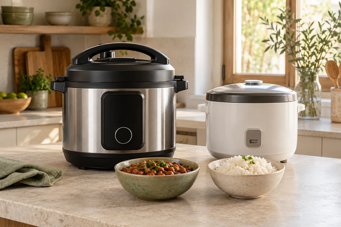Electric multi-cooker and rice cooker beside serving bowls