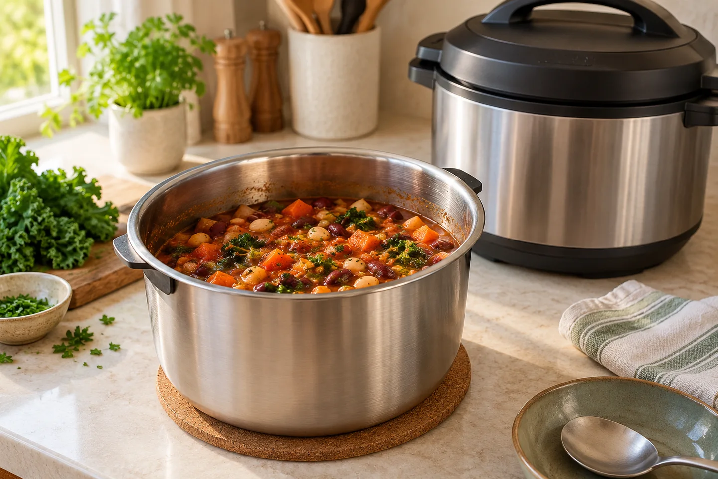 Cooked bean stew in a stainless steel pot
