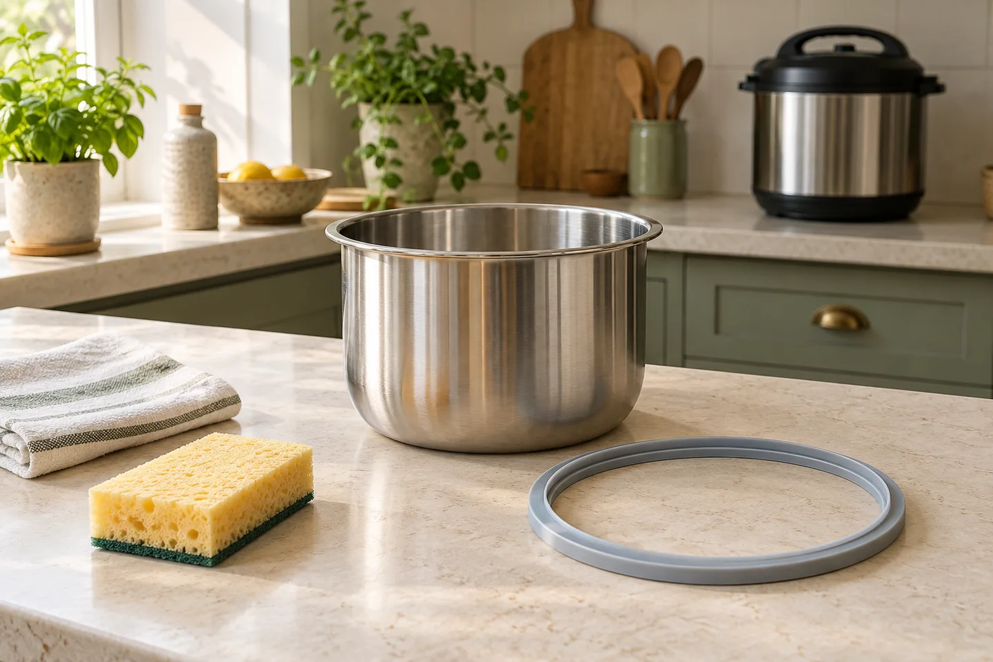Removable cooking pot and silicone sealing ring laid out for cleaning
