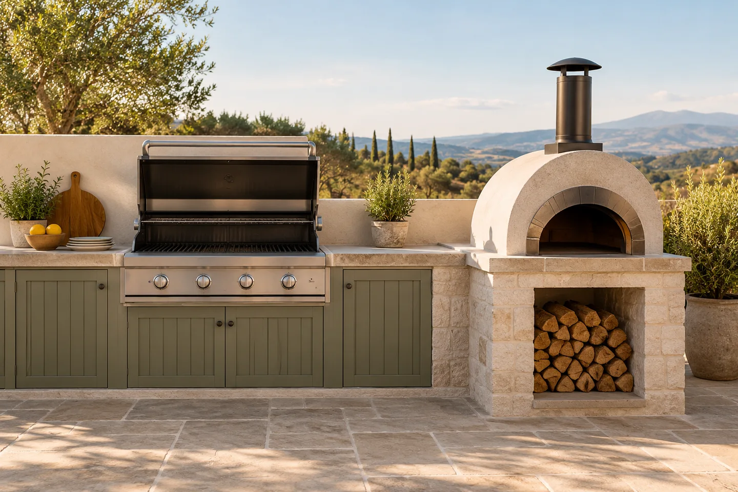 Gas grill and separate pizza oven on an open patio