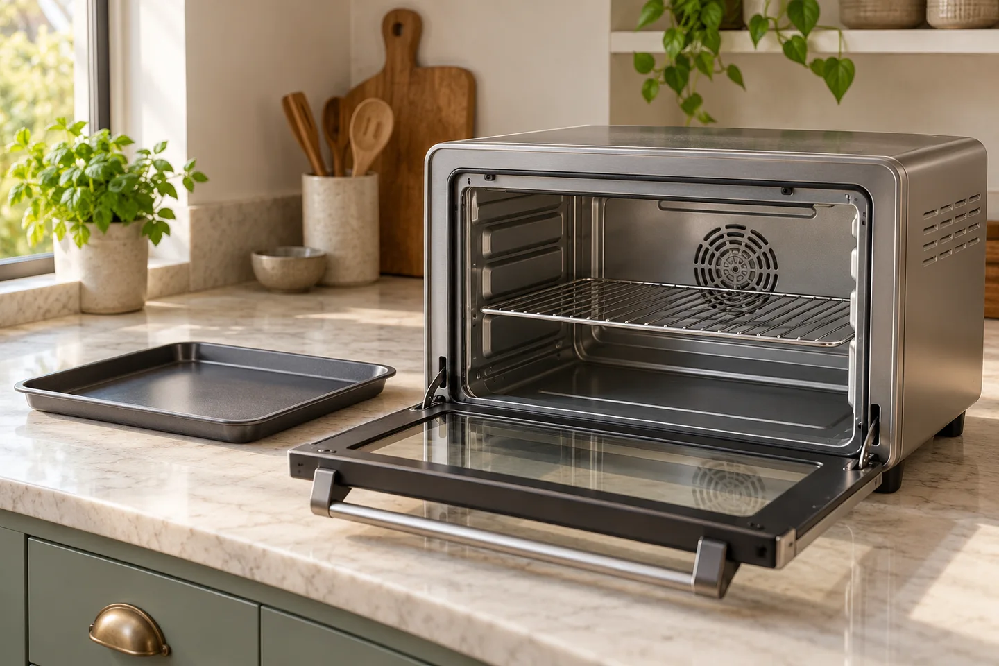 Countertop convection oven with a rack and shallow tray