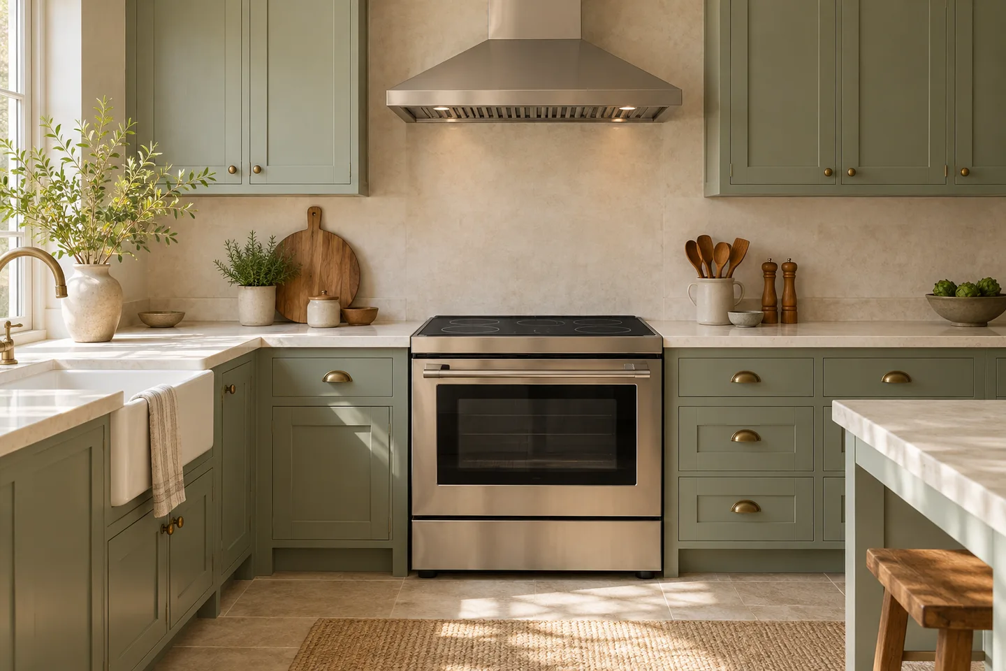 Freestanding range beneath a canopy hood in a kitchen