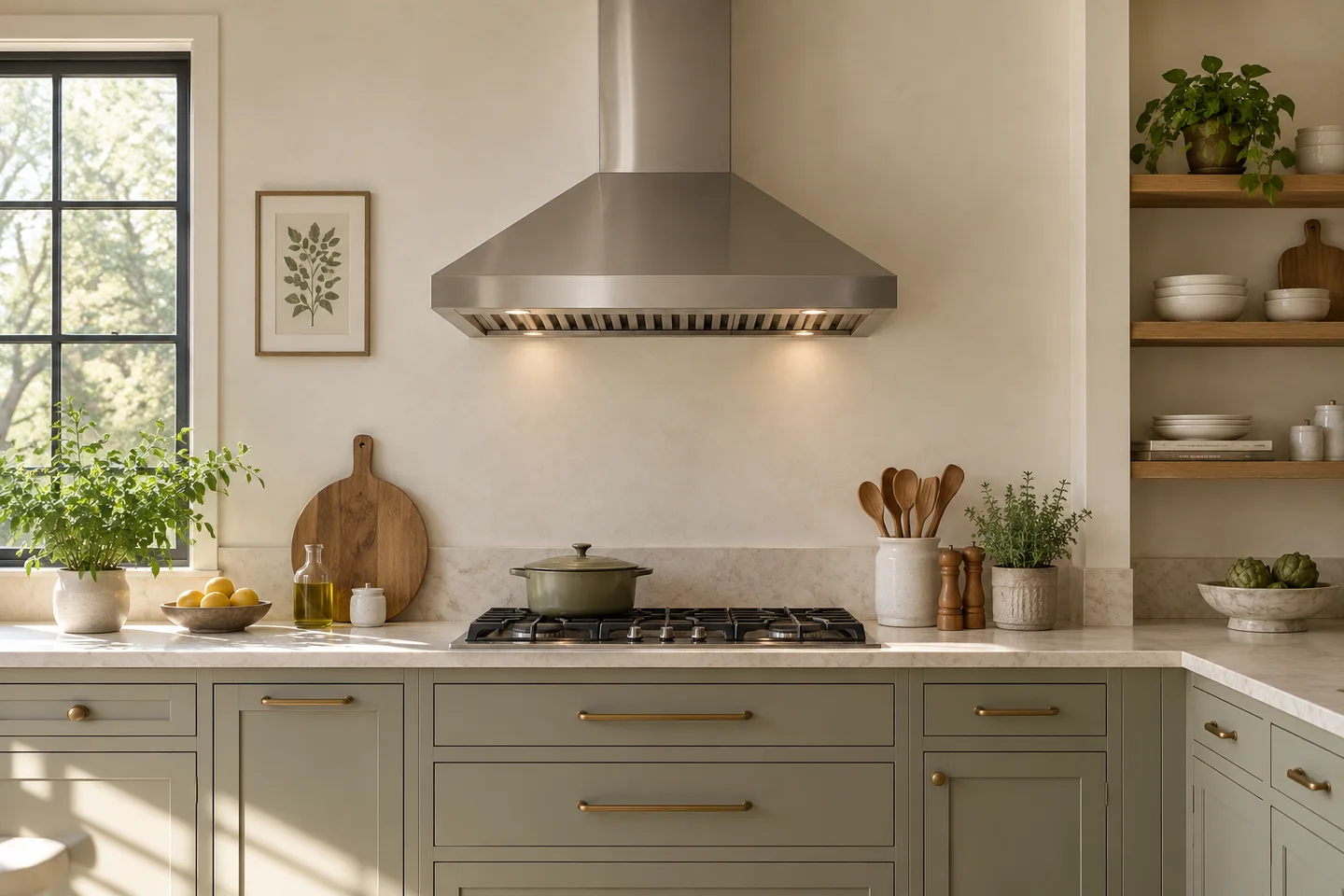 Wide wall-mount canopy hood above a cooktop