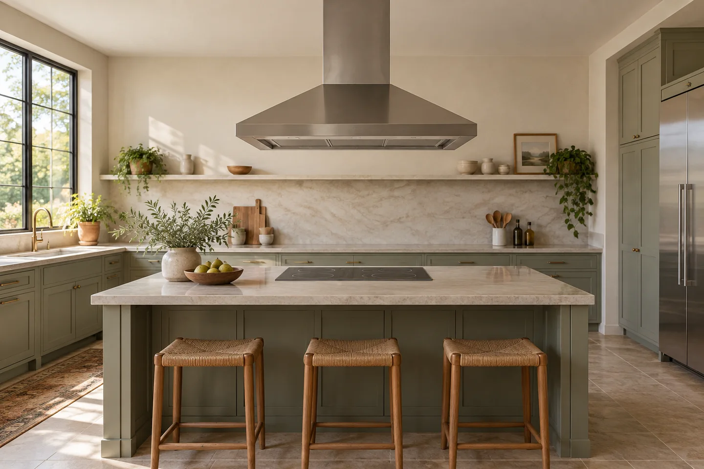 Ceiling-mounted canopy hood above an island cooktop