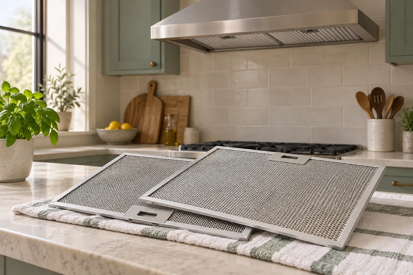 Range-hood mesh filters resting on a kitchen counter