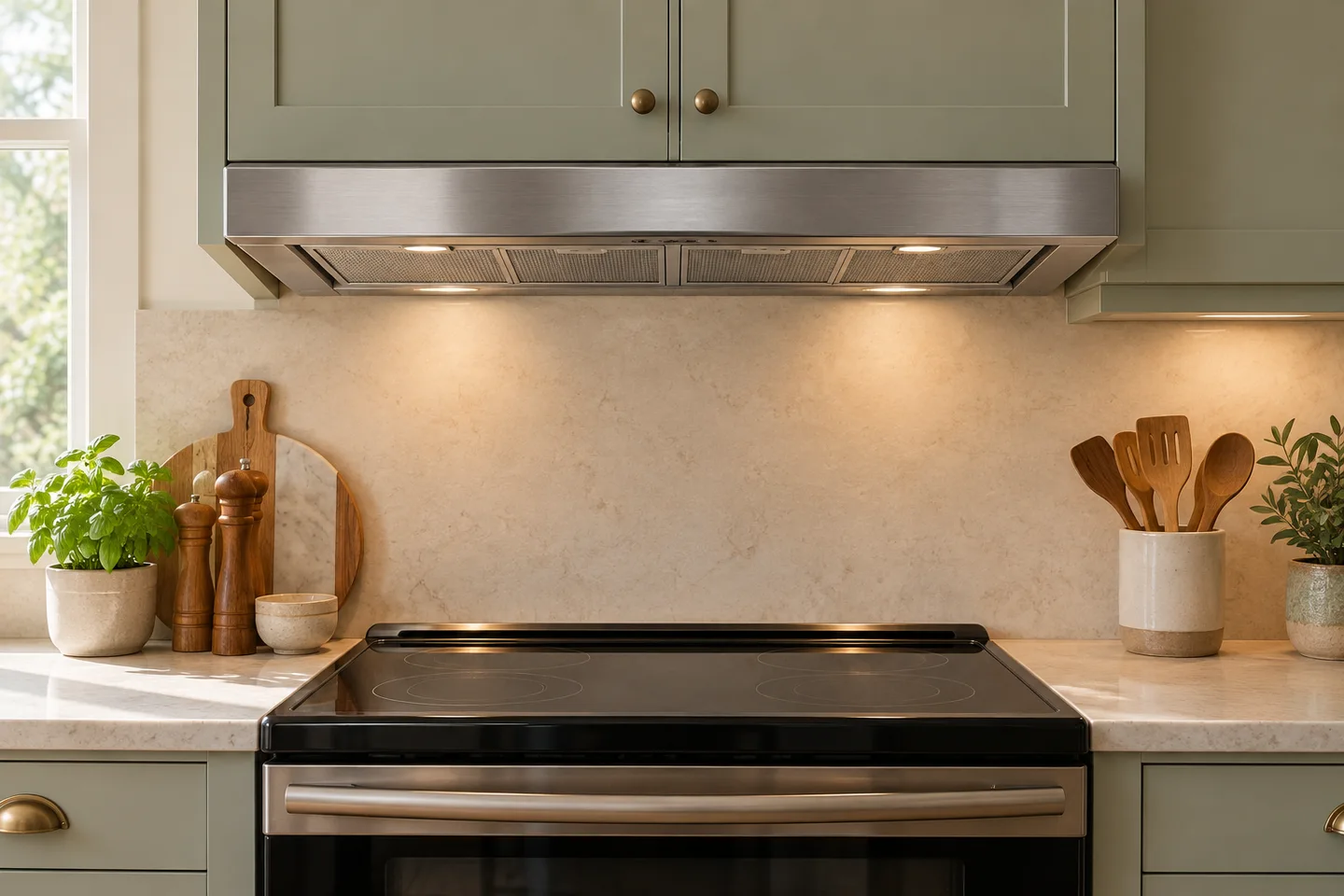 Undercabinet hood above a range beneath wall cabinets