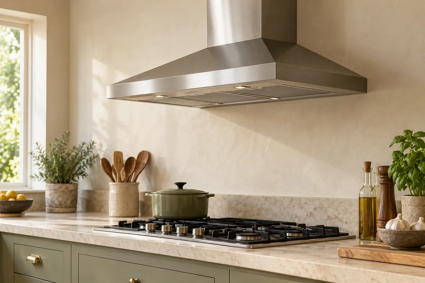 Wall canopy hood and cooktop seen from the side