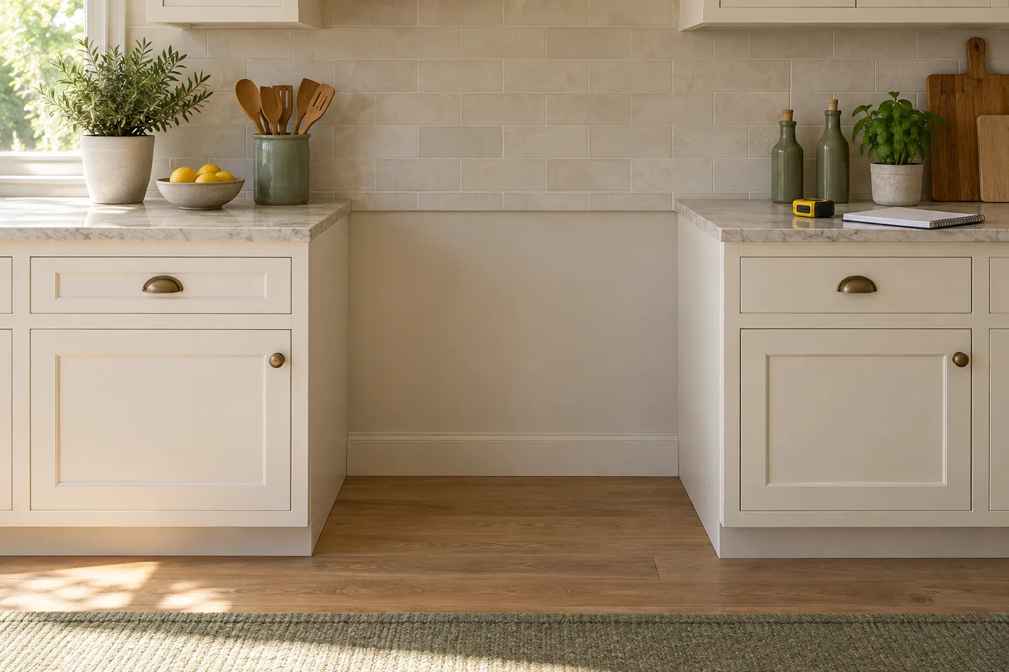 Empty range opening between cabinets with a tape measure nearby
