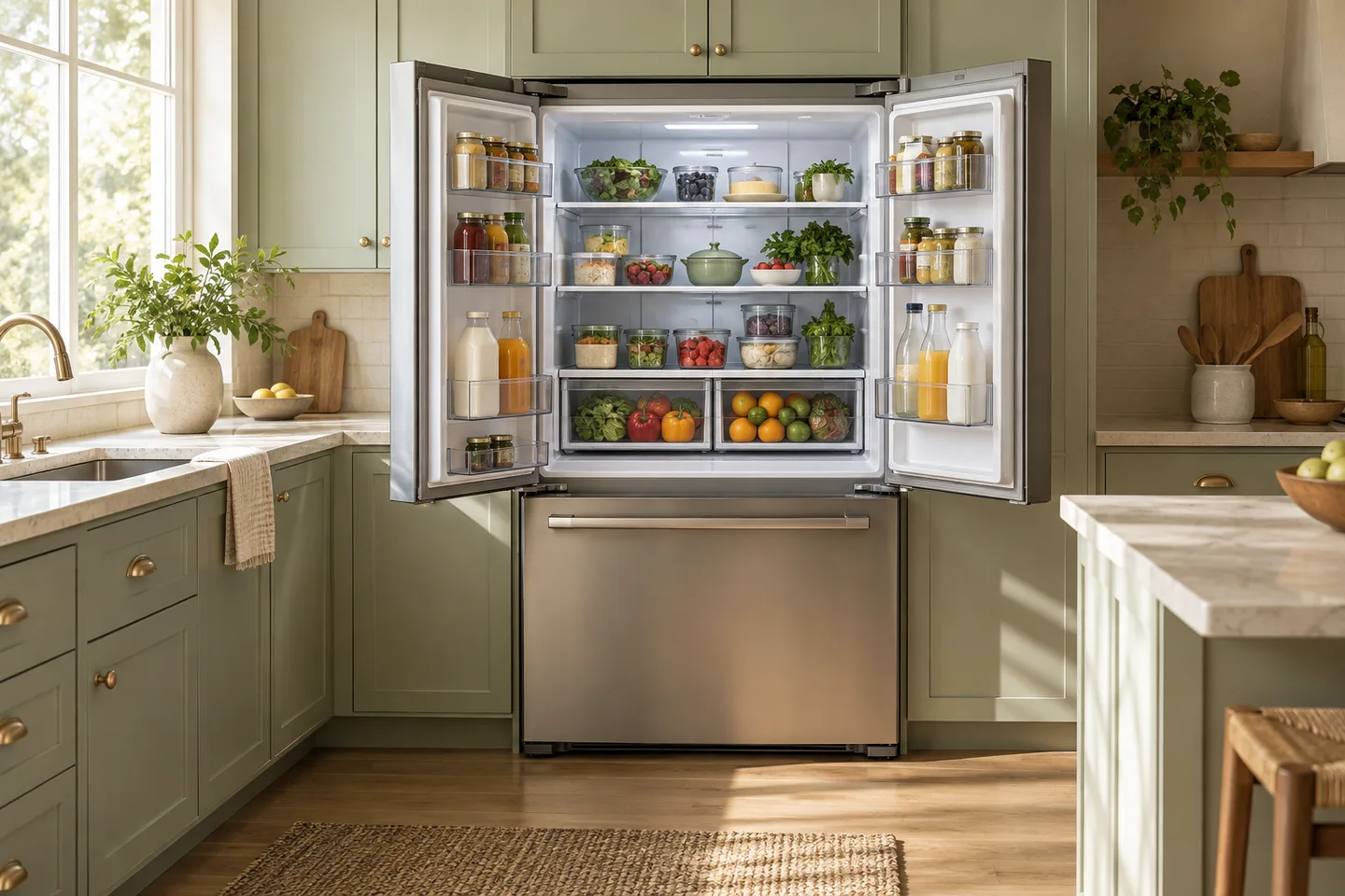 French-door refrigerator with an open fresh-food compartment