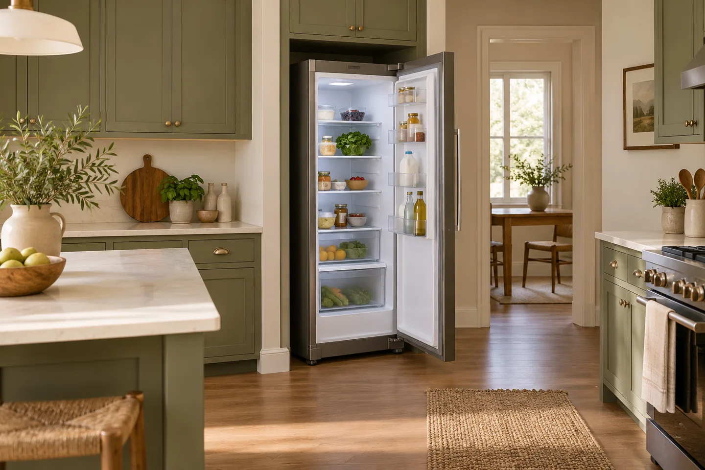 Refrigerator with an open door beside kitchen cabinetry