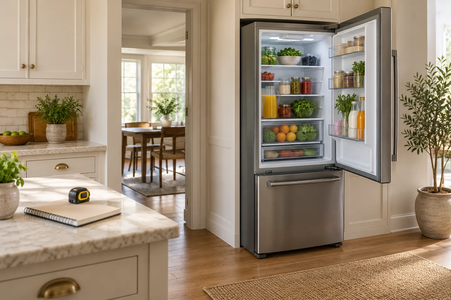 Refrigerator beside cabinetry with its door open into clear floor space