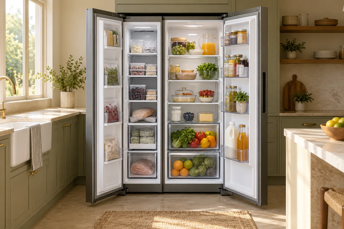 Side-by-side refrigerator with two tall storage compartments