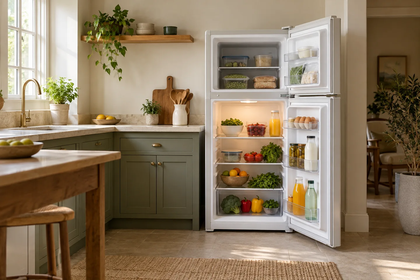 Top-freezer refrigerator with both compartment doors open