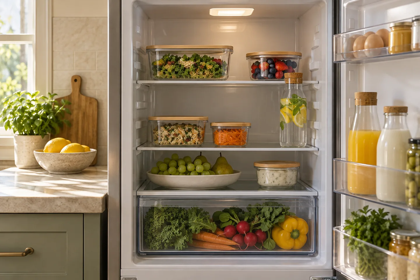 Food containers and groceries arranged on refrigerator shelves