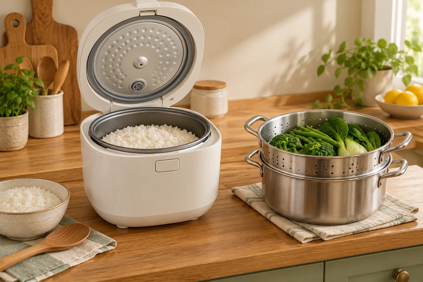 Open rice cooker beside a stainless steel vegetable steamer