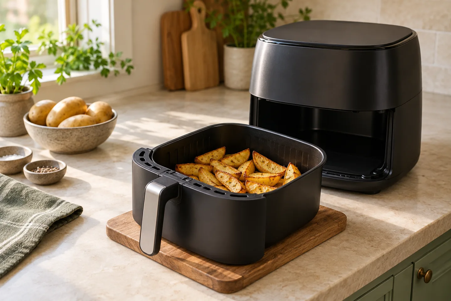 Single air-fryer drawer with food arranged in one layer