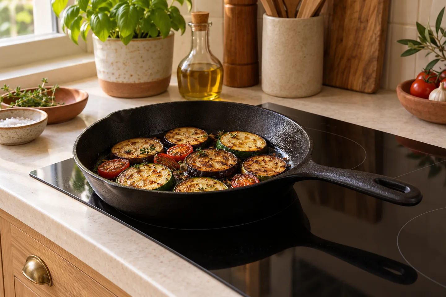 Vegetables in a cast iron skillet on a black cooktop