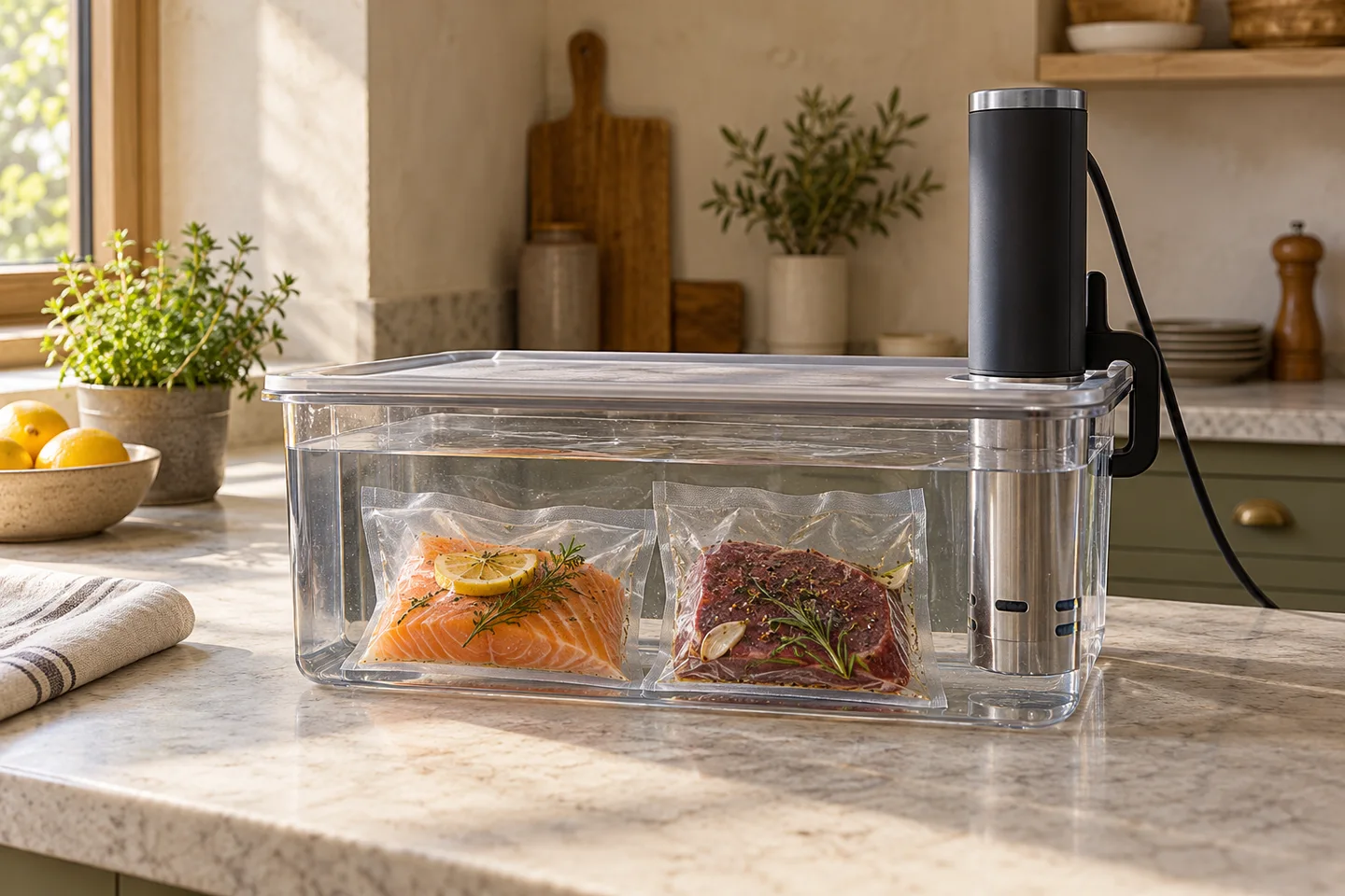 Immersion circulator attached to a covered water vessel with submerged food bags
