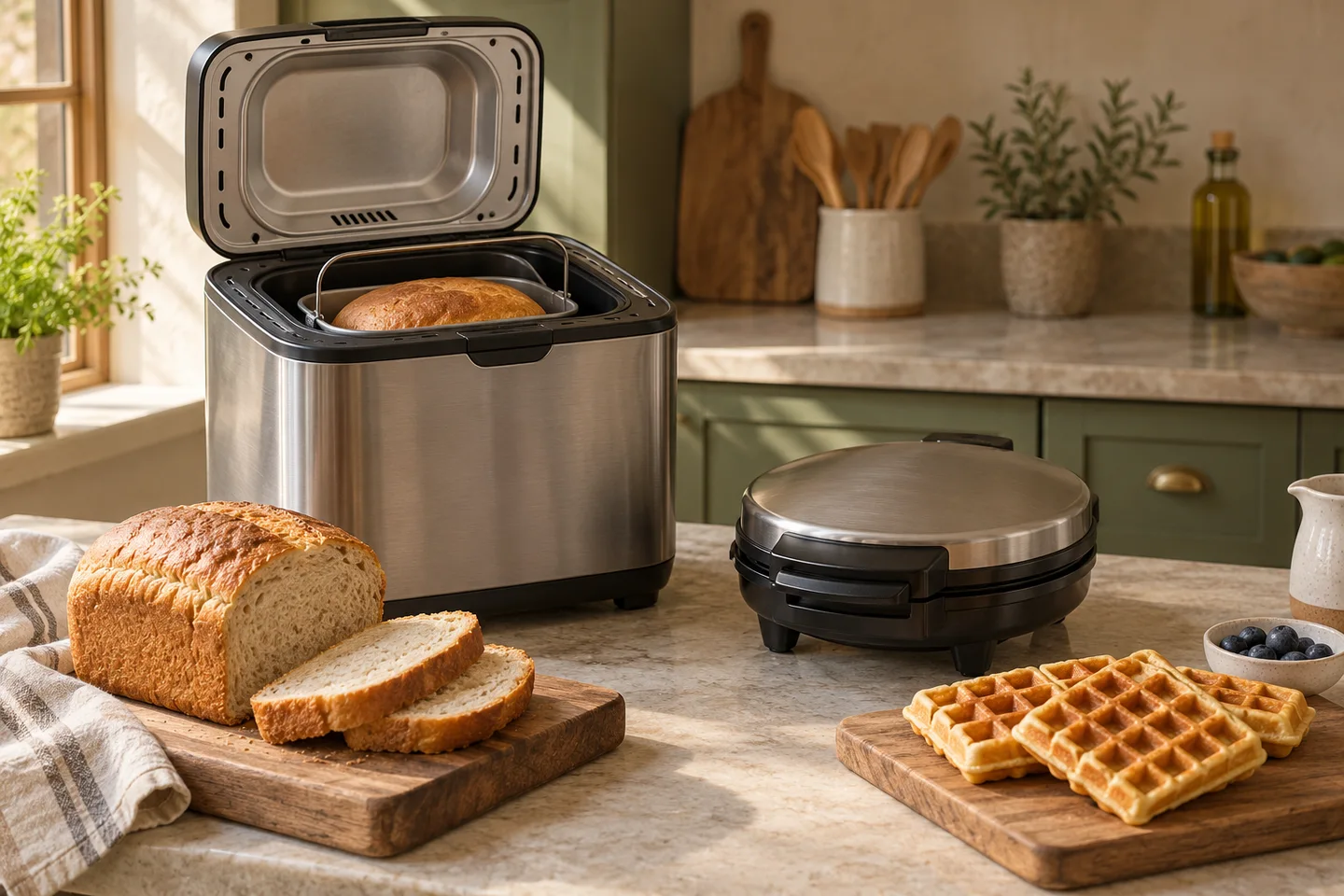 Open bread machine beside a waffle maker and a loaf of bread
