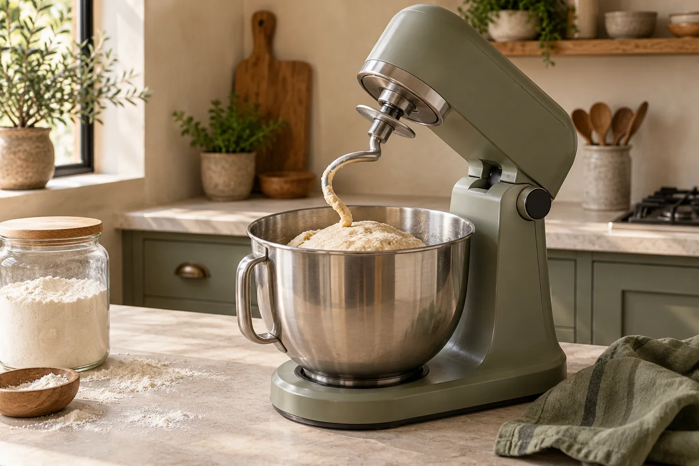 Stand mixer with a dough hook above a bowl of dough