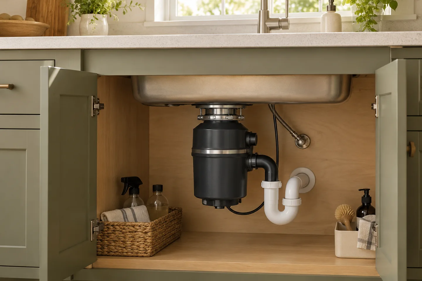 Garbage disposer beneath a sink with a discharge pipe and drain trap